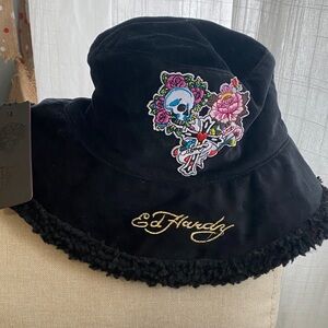 Ed Hardy Black bucket Hat with Colorful Embroidery